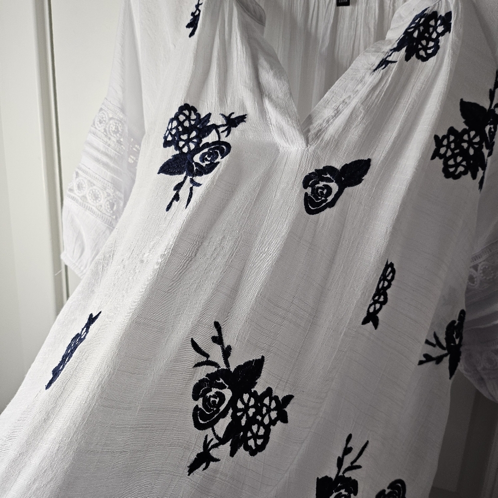Como Blouse Black White Navy Embroidered Floral Boho Crochet Sleeve XL Loose - Picture 6 of 14
